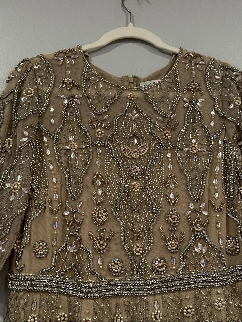 Mac Duggal 10115 Beige 3/4 Sleeve Embellished A-line Gown sz 10